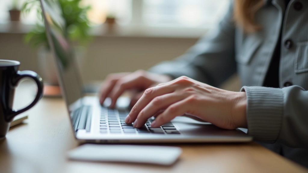 Gros plan sur les mains d'une personne utilisant un clavier d'ordinateur avec écran montrant un formulaire de paiement