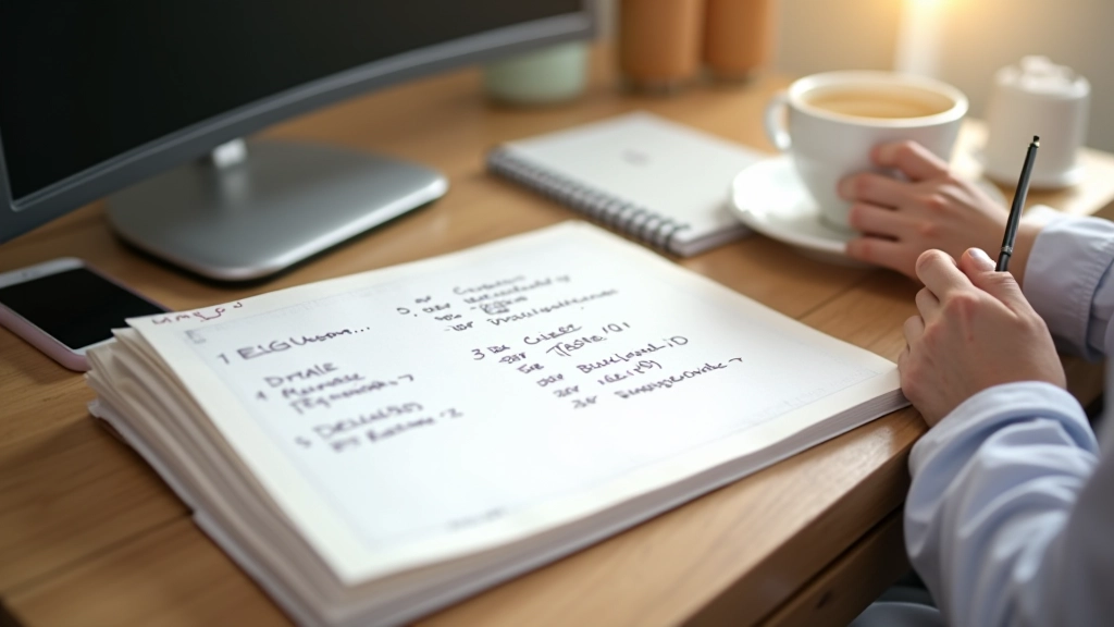 Bloc-notes avec des formules de copywriting écrites à la main et un café sur un bureau moderne