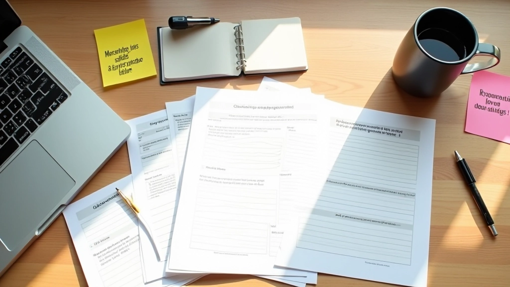 Bureau avec des copies de pages marketing et des notes de stratégie de contenu