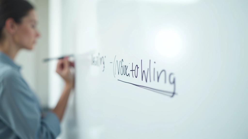 Gros plan d'une main écrivant du texte de copywriting sur un tableau blanc