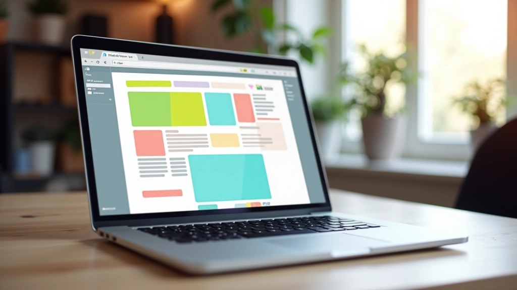 Ordinateur portable affichant un constructeur de site par glisser-déposer avec des blocs colorés