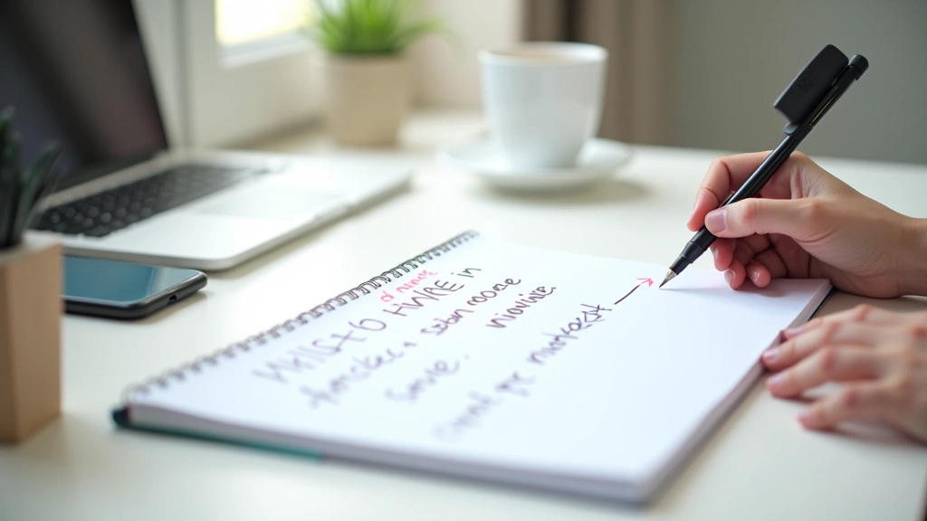 Feuille de papier avec des phrases de vente écrites en rouge et bleu, stratégies de copywriting visualisées