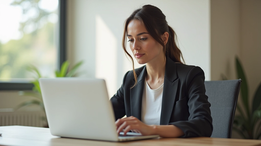 Femme professionnelle travaillant sur un ordinateur portable, environnement de travail moderne et lumineux